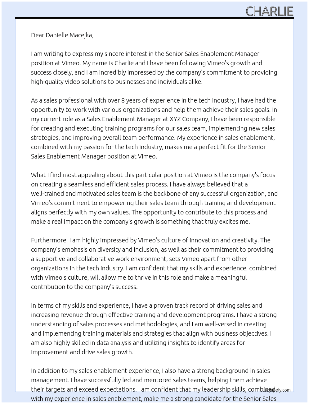 Senior Sales Enablement Manager At Vimeo Cover Letter