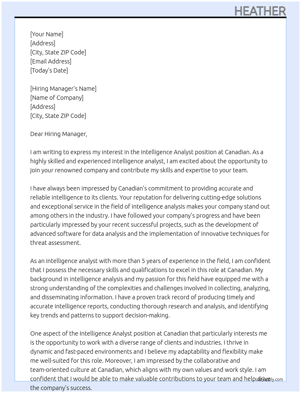 Intelligence analyst At Canadian Cover Letter