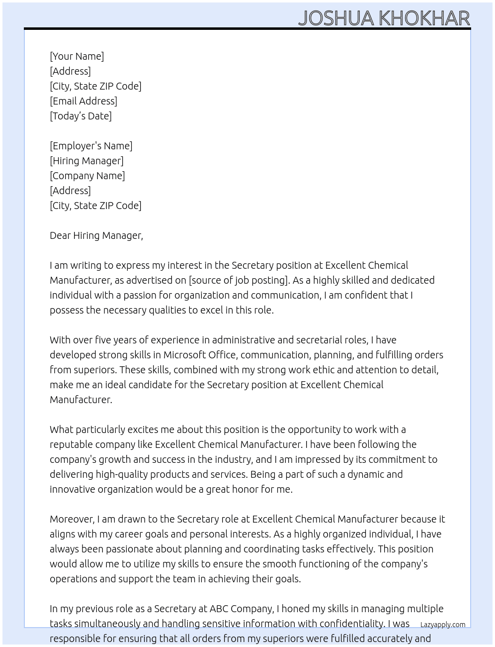 secretary At Excellent chemical manufacturer Cover Letter