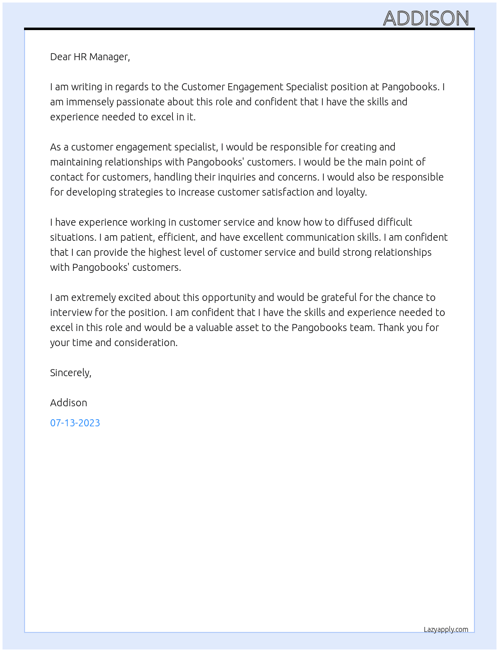 customer engagement specialist At pangobooks Cover Letter