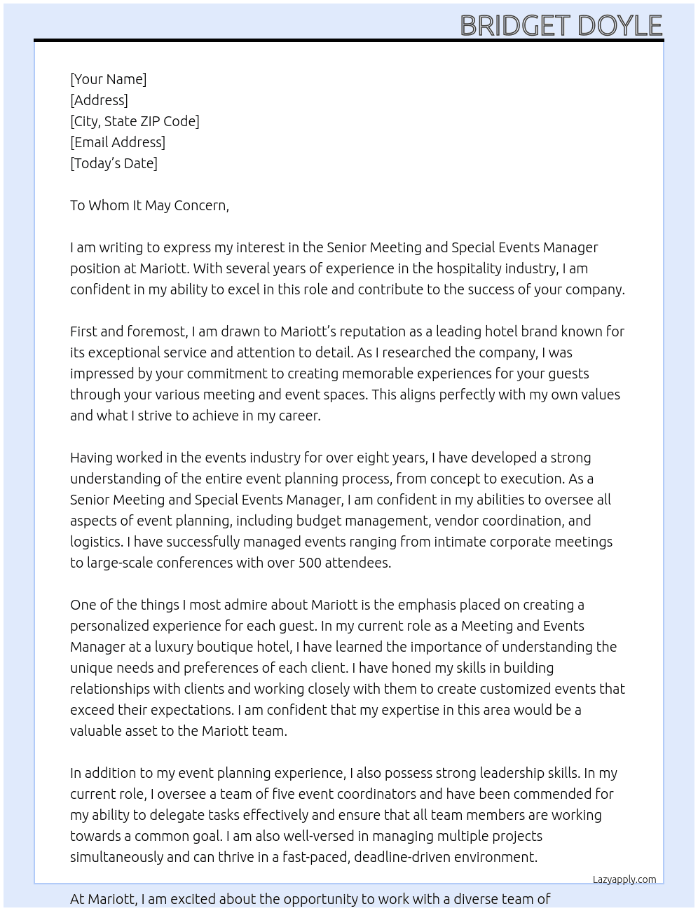 Senior Meeting and Special Events Manager At Mariott Cover Letter
