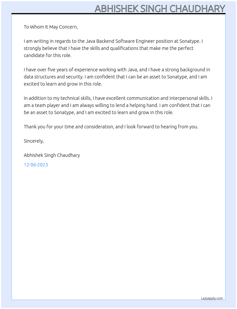 Java Backend Software Engineer At Sonatype Cover Letter