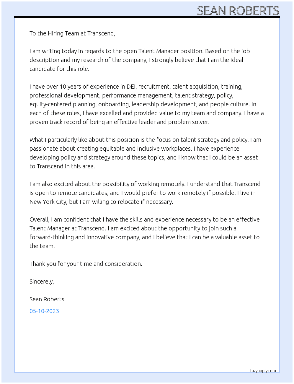 Talent Manager At Transcend  Cover Letter