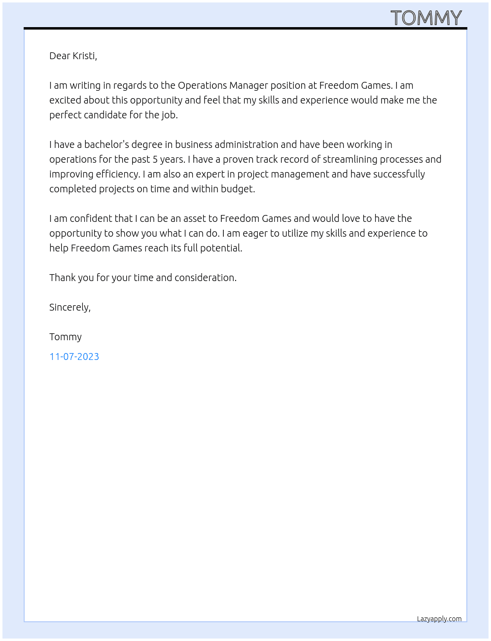 Operations Manager At Freedom Games Cover Letter