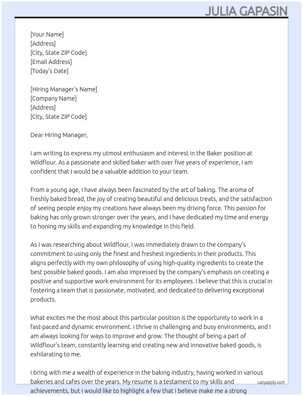 Baker At Wildflour Cover Letter