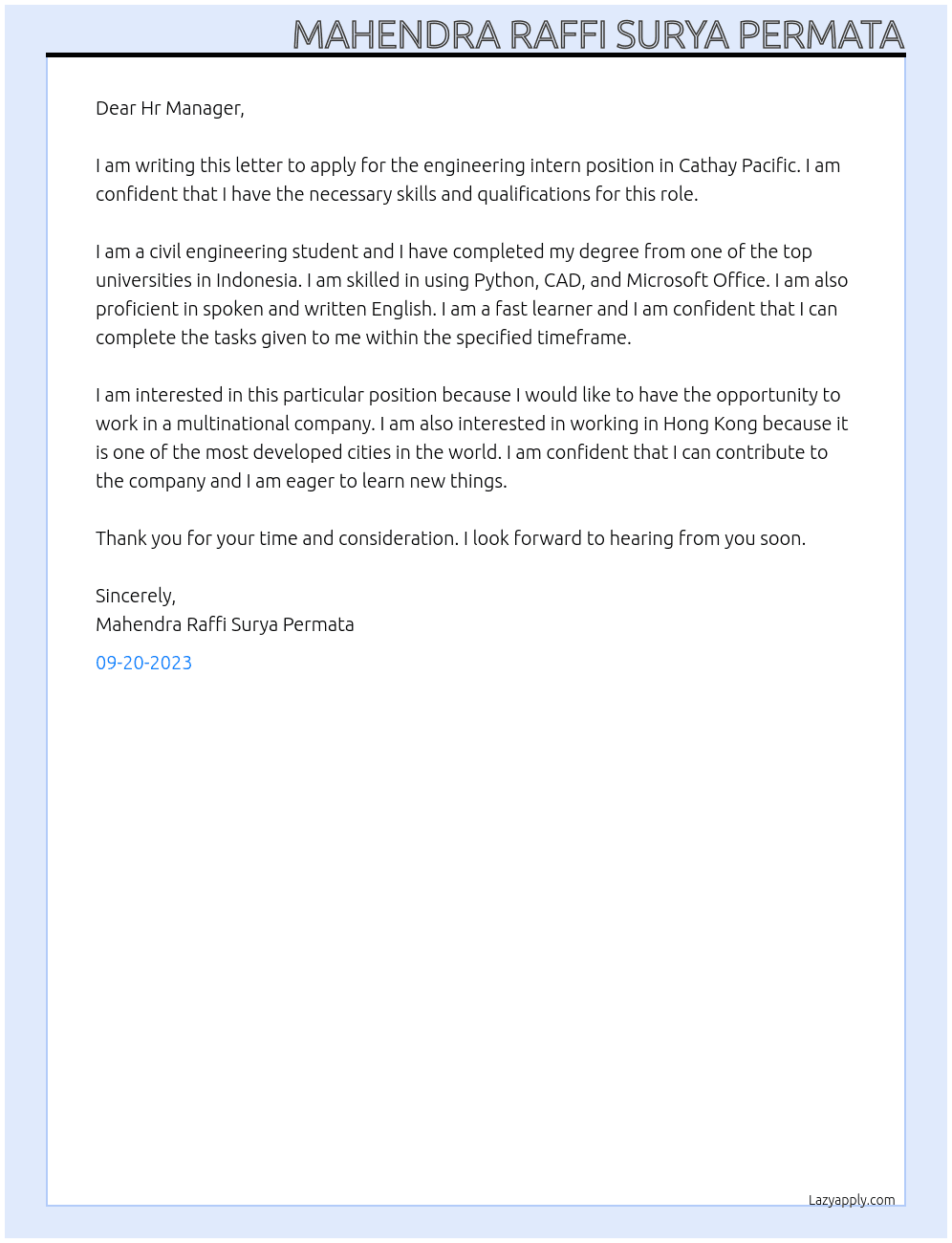 Engineering Intern At Cathay Pacific Cover Letter