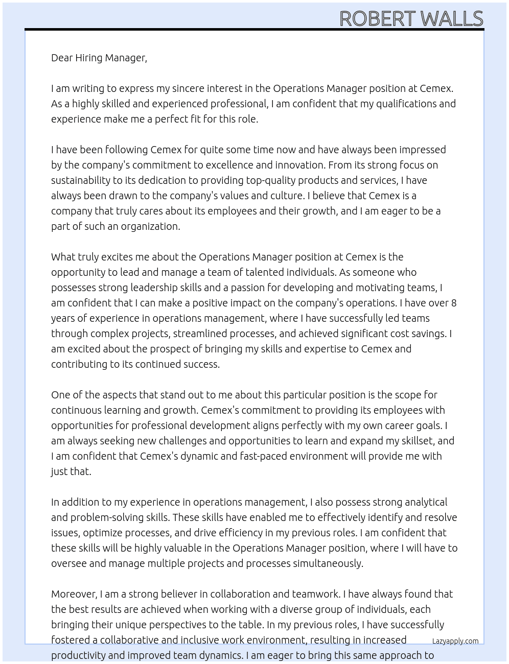 Operatons Manager At Cemex Cover Letter