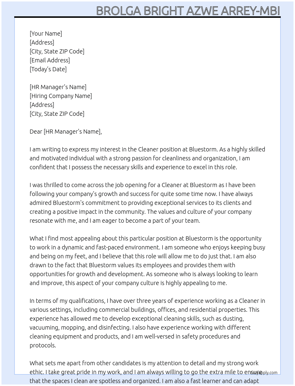 Cleaner At Bluestorm  Cover Letter