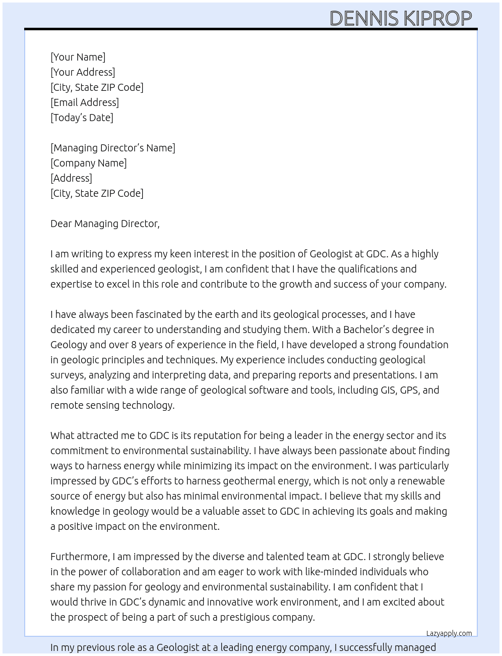 Geologists  At GDC Cover Letter