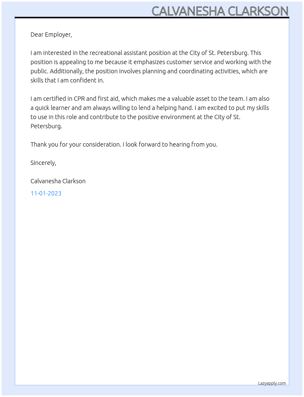 Recreational assistant  At City of st.Petersburg  Cover Letter
