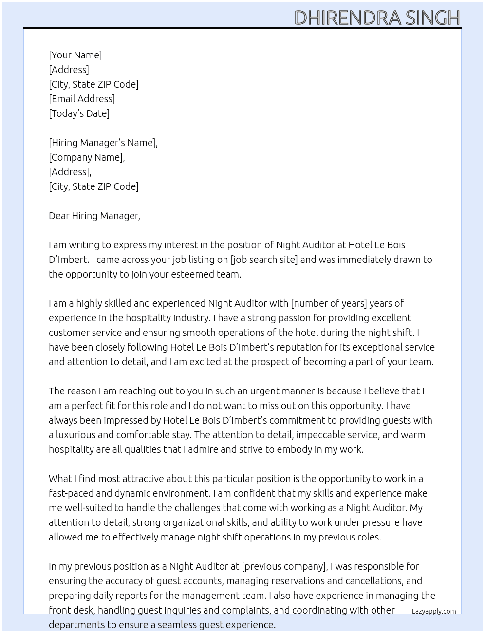night auditor At HOTEL LE BOIS D'IMBERT Cover Letter