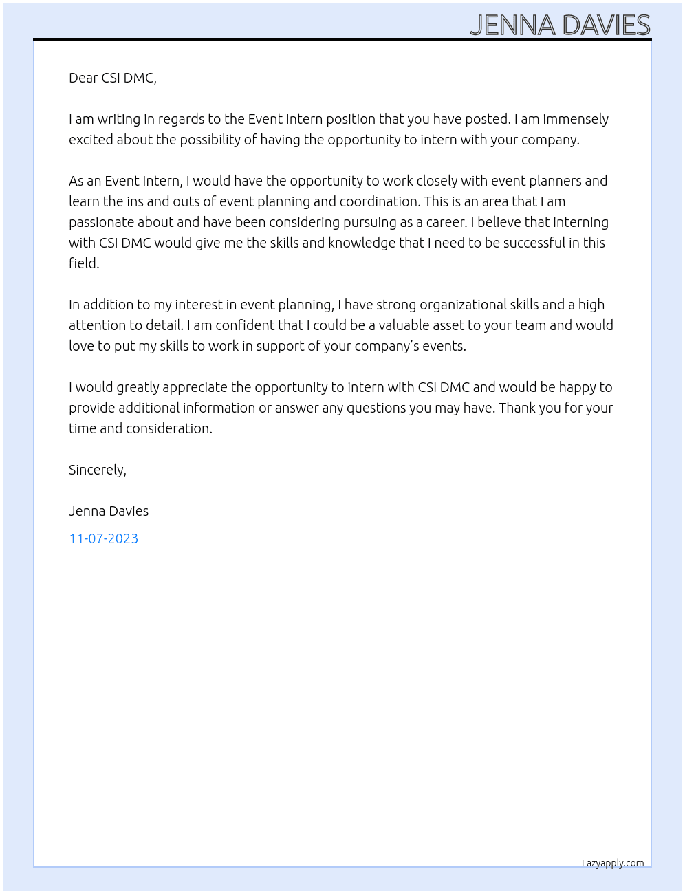 Event Intern At CSI DMC Cover Letter