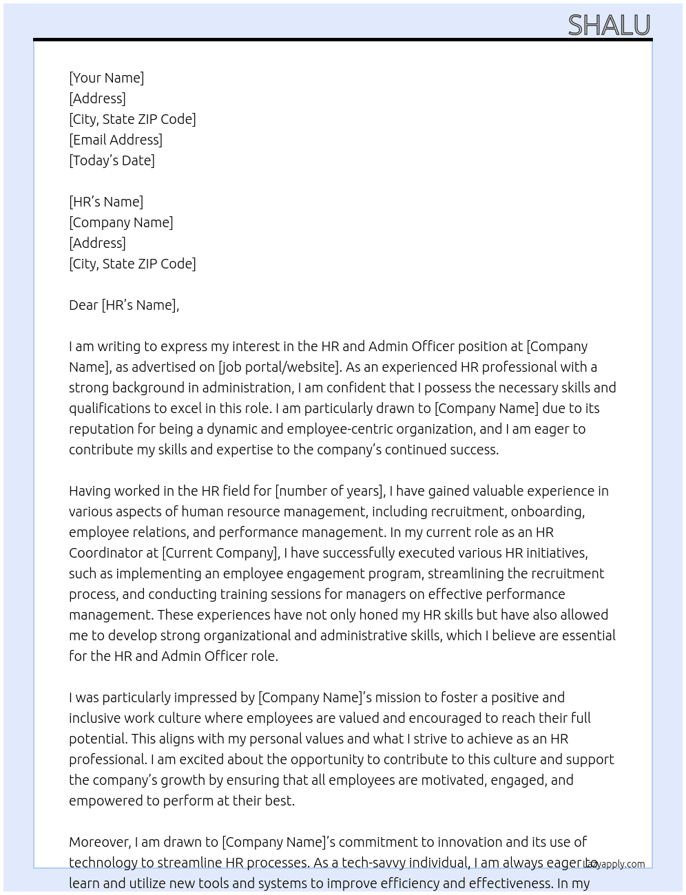 hr and admin officer At shalu Cover Letter
