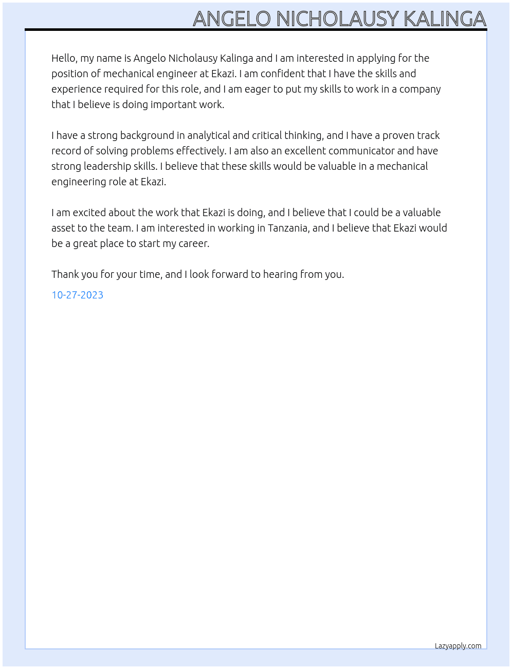 Mechanical engineer  At Ekazi Cover Letter