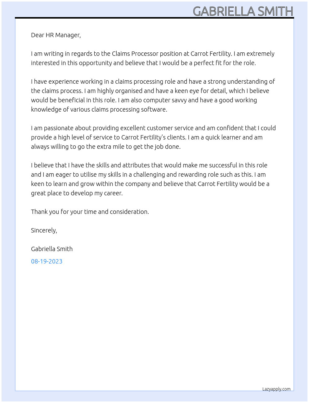Claims Processor  At Carrot Fertility Cover Letter