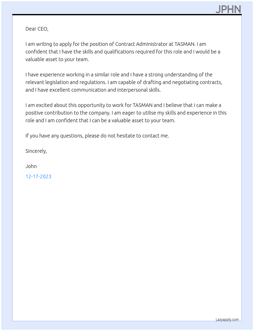 Contract Administrator At TASMAN Cover Letter