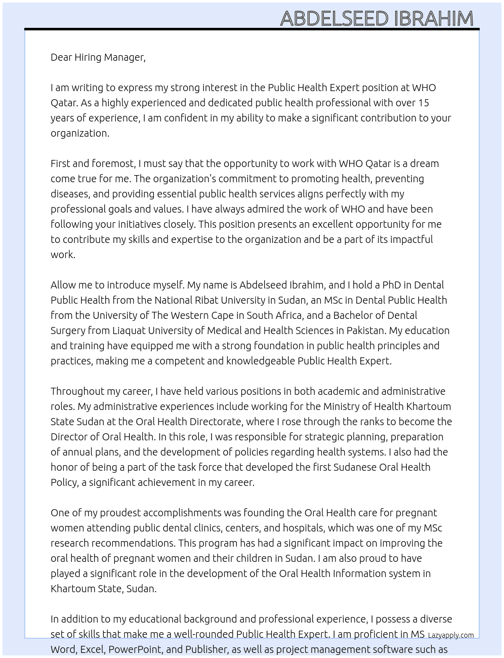 Public Health Expert with WHO-Qatar At WHO Qatar  Cover Letter