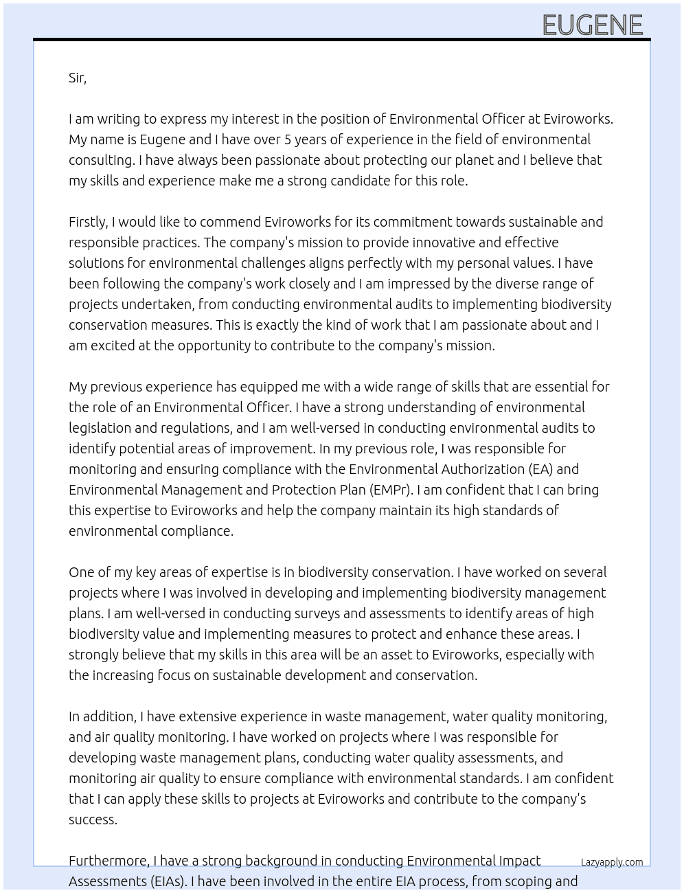 Environmental officer in consultant  At Eviroworks Cover Letter