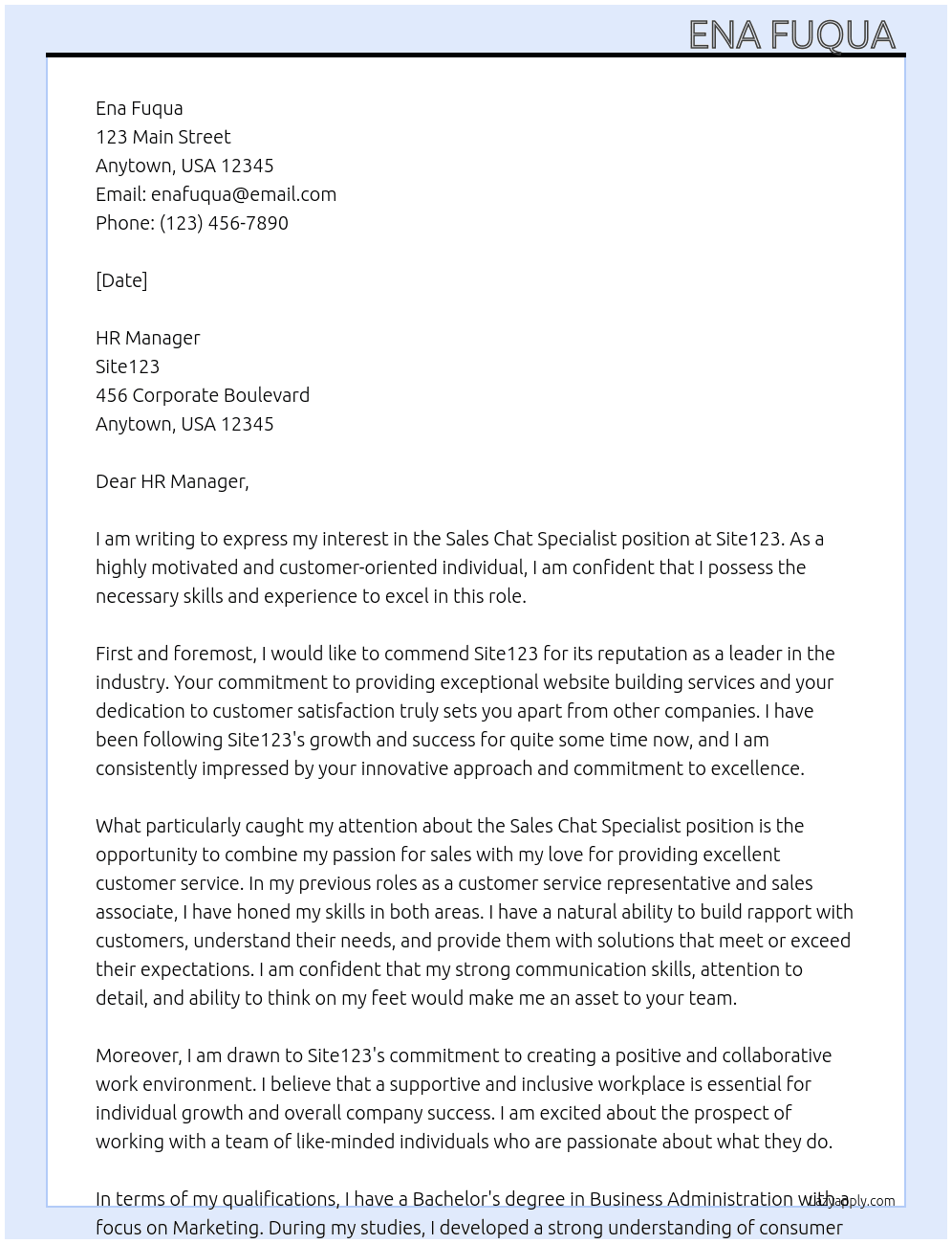 Sales chat specialist  At Site123 Cover Letter