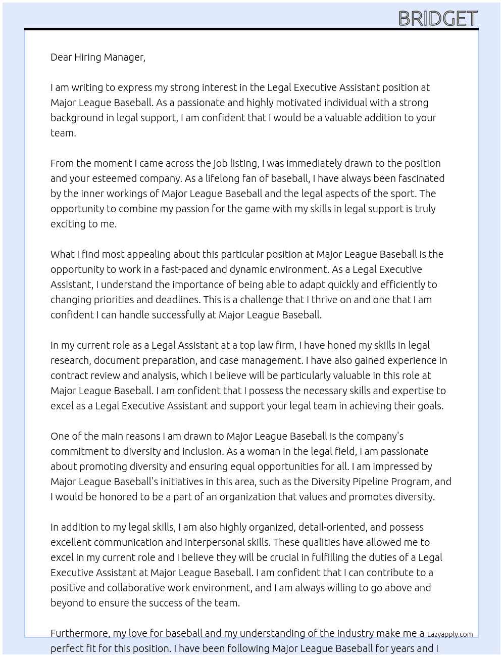 Legal Executive Assistant At Major League Baseball Cover Letter