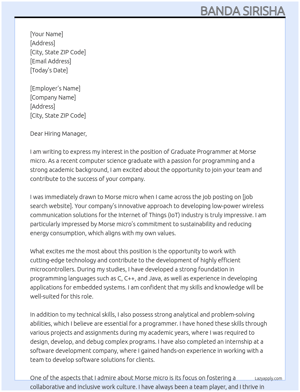 Graduate programming  At Morse micro Cover Letter