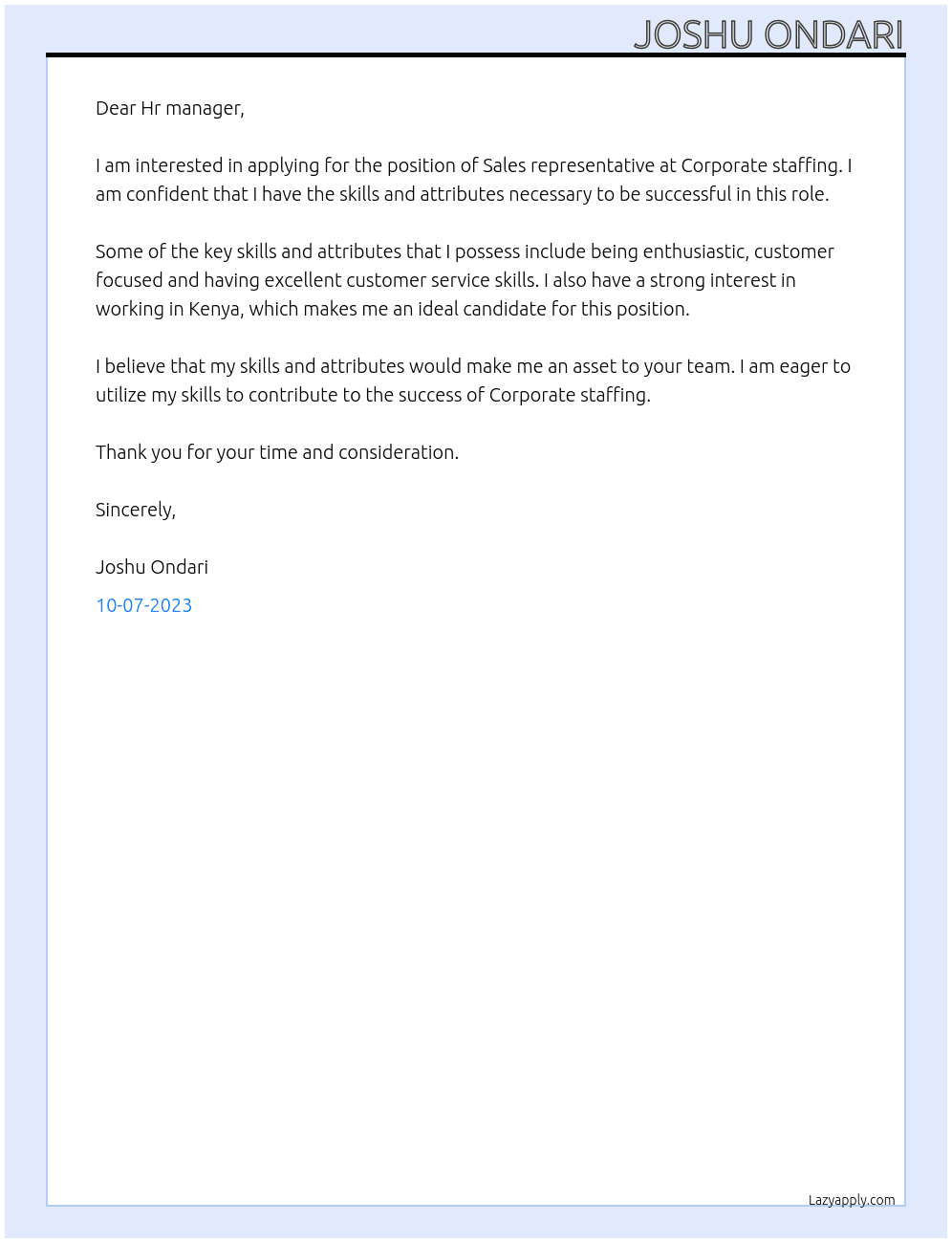 Sales representative At Corporate staffing Cover Letter