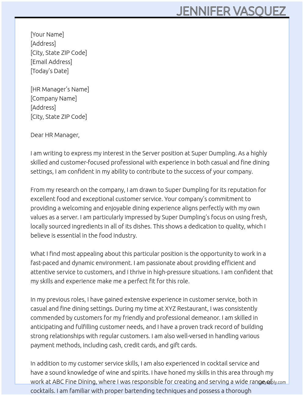 Server  At Super Dumpling Cover Letter