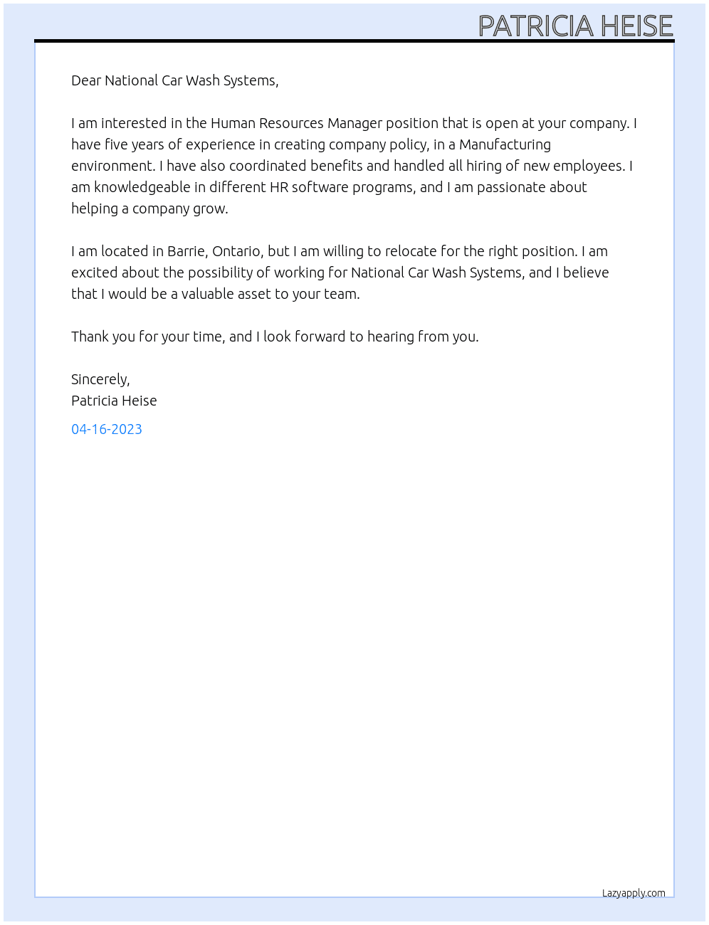 Human Resources Manager  At National Car Wash Systems  Cover Letter