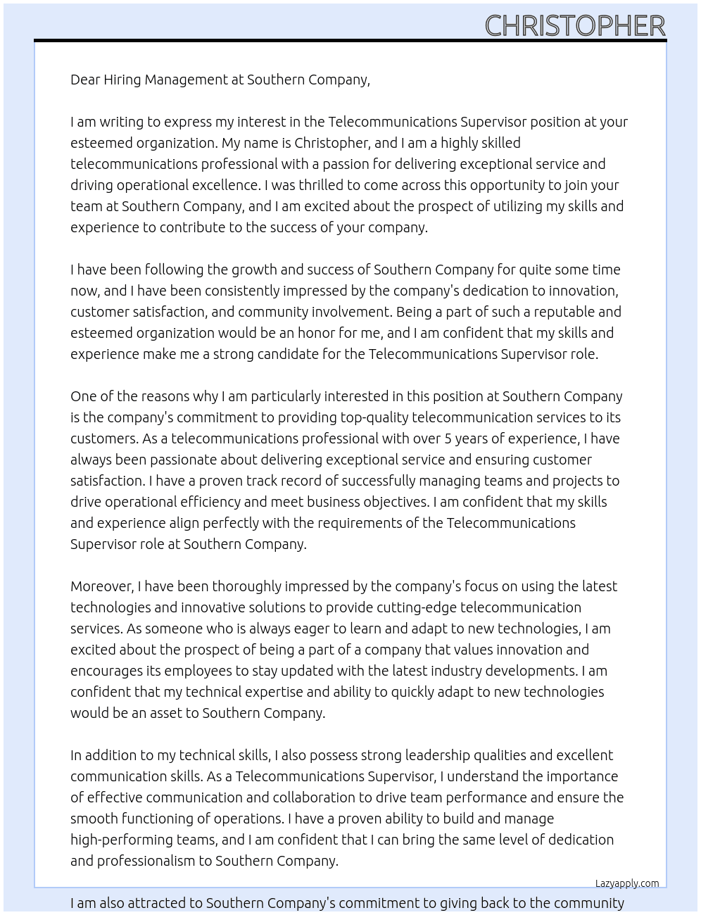 Cover letter for telecommunications supervisor - LazyApply
