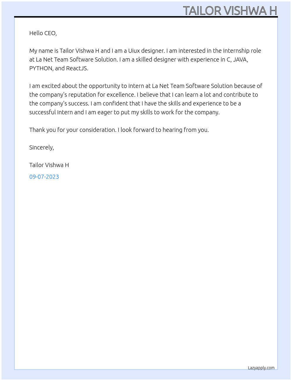 Uiux designer At La Net Team Software Solution  Cover Letter