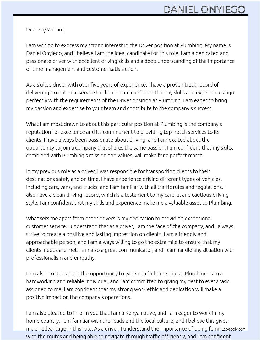 Driver At  Plumbing  Cover Letter