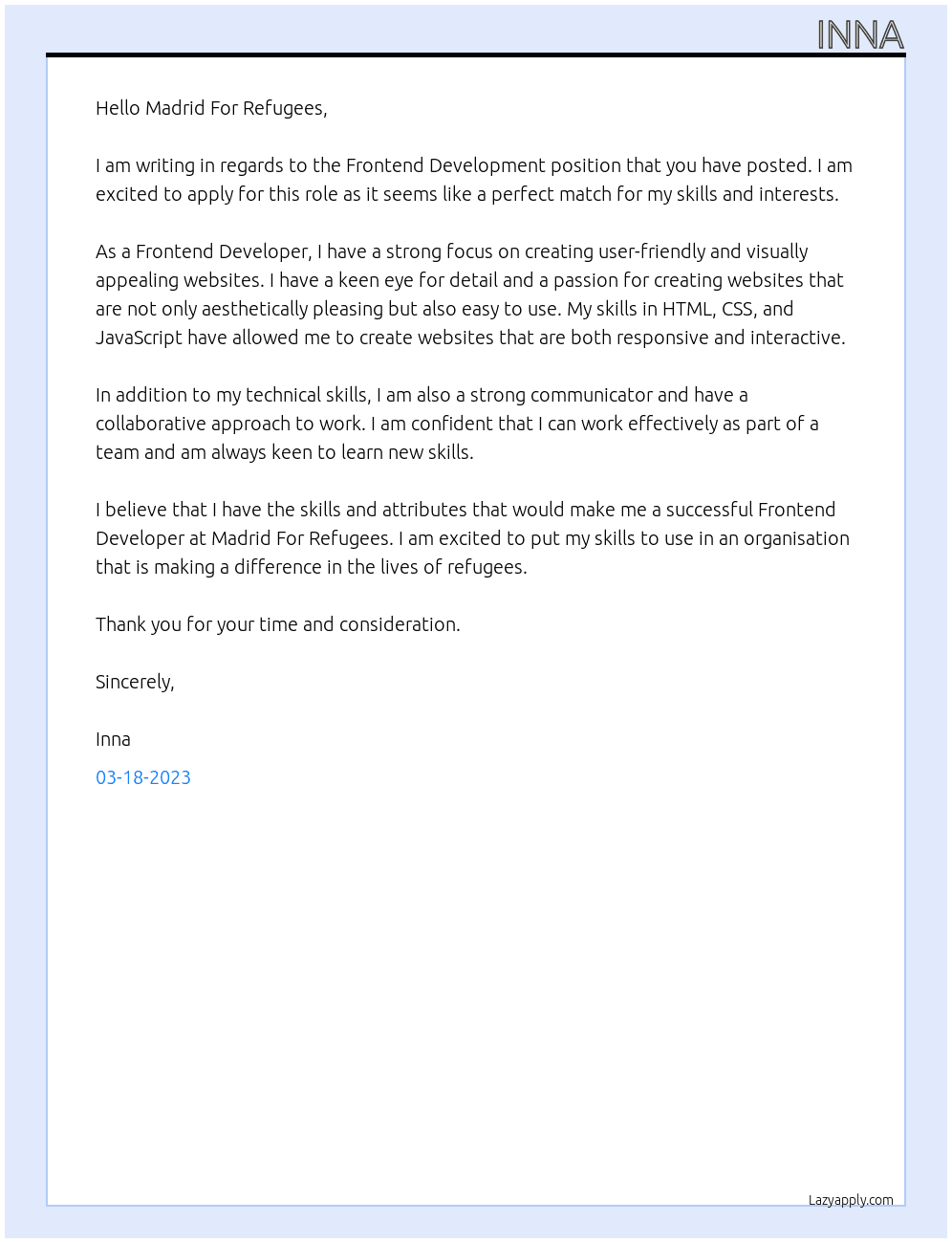 Frontend Development At Madrid For Refugees Cover Letter