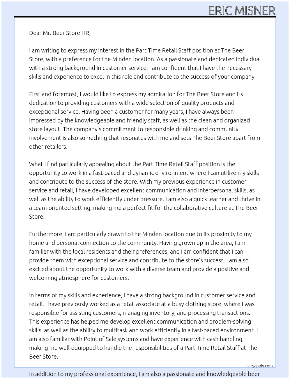 Part Time Retail Staff At The Beer Store Cover Letter