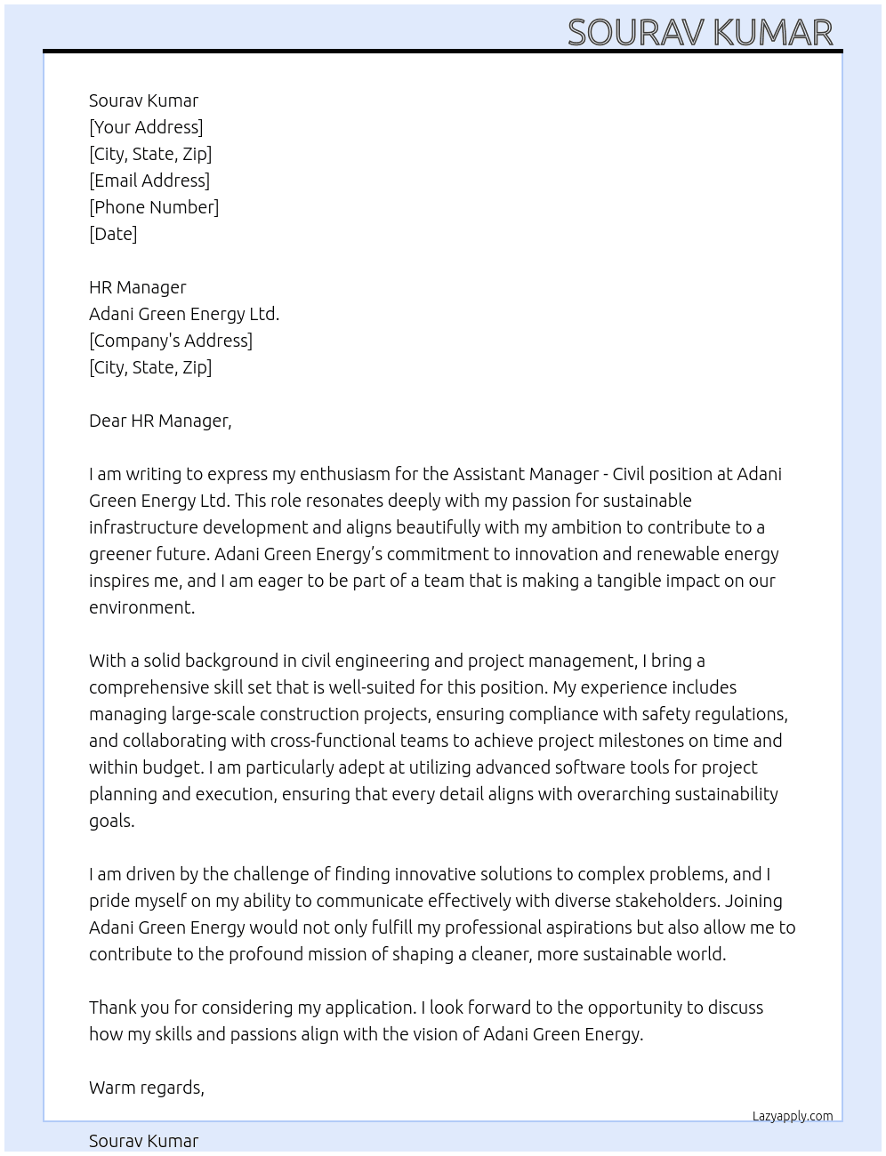 Assistant Manager - Civil At Adani Green Energy Ltd. Cover Letter