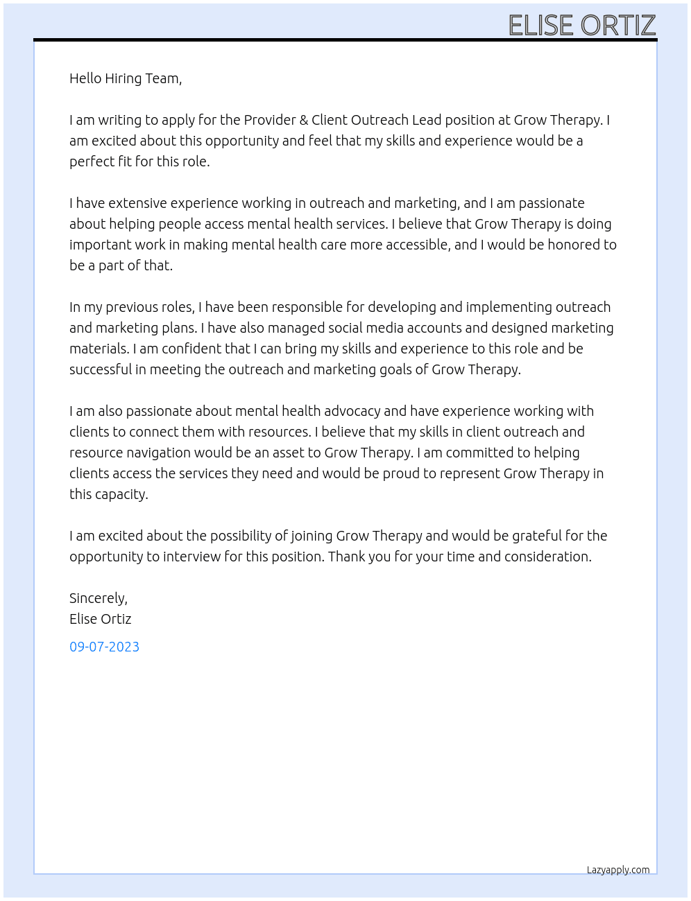 Provider & Client Outreach Lead At Grow Therapy Cover Letter
