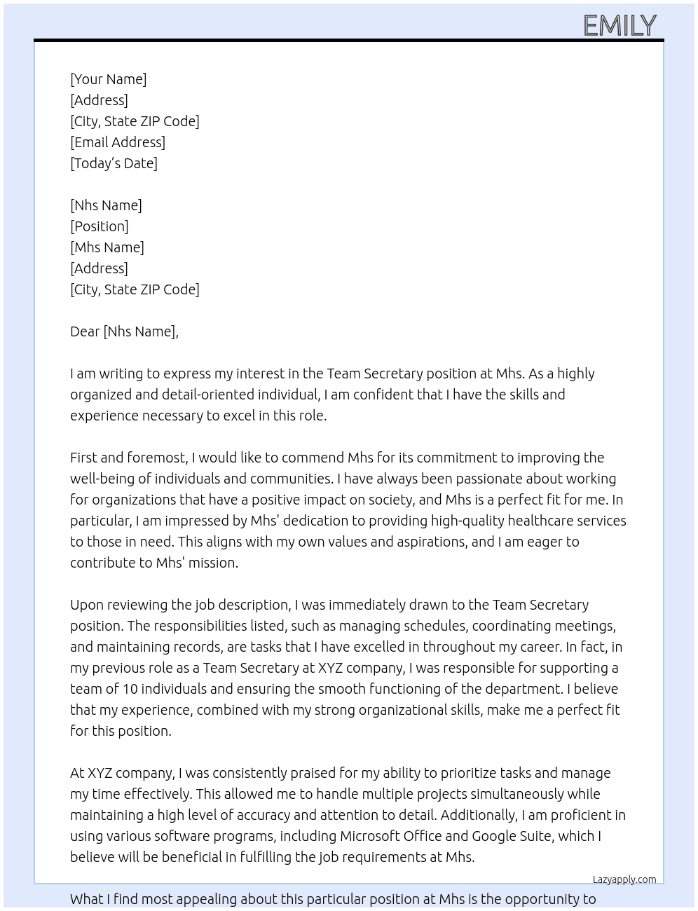 Team secretary  At Mhs Cover Letter