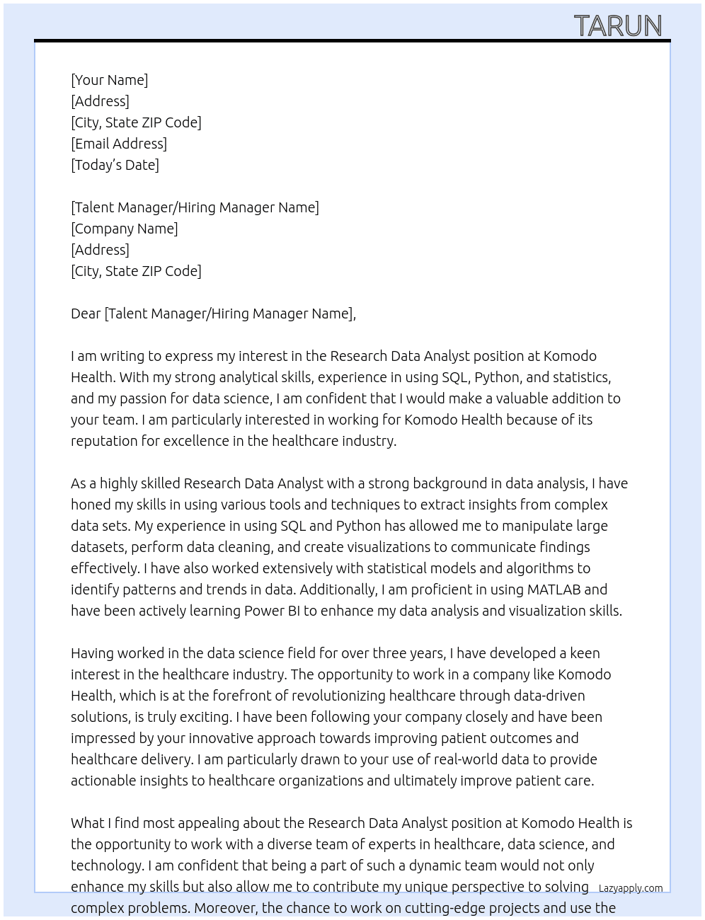 Research Data Analyst At Komodo Health Cover Letter