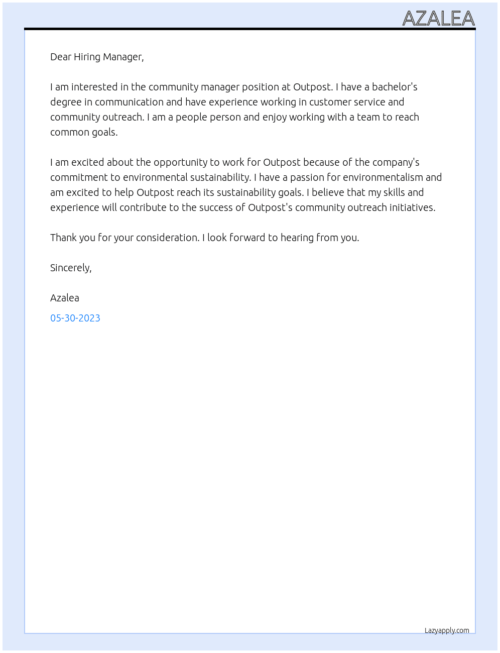 community manager At Outpost Cover Letter