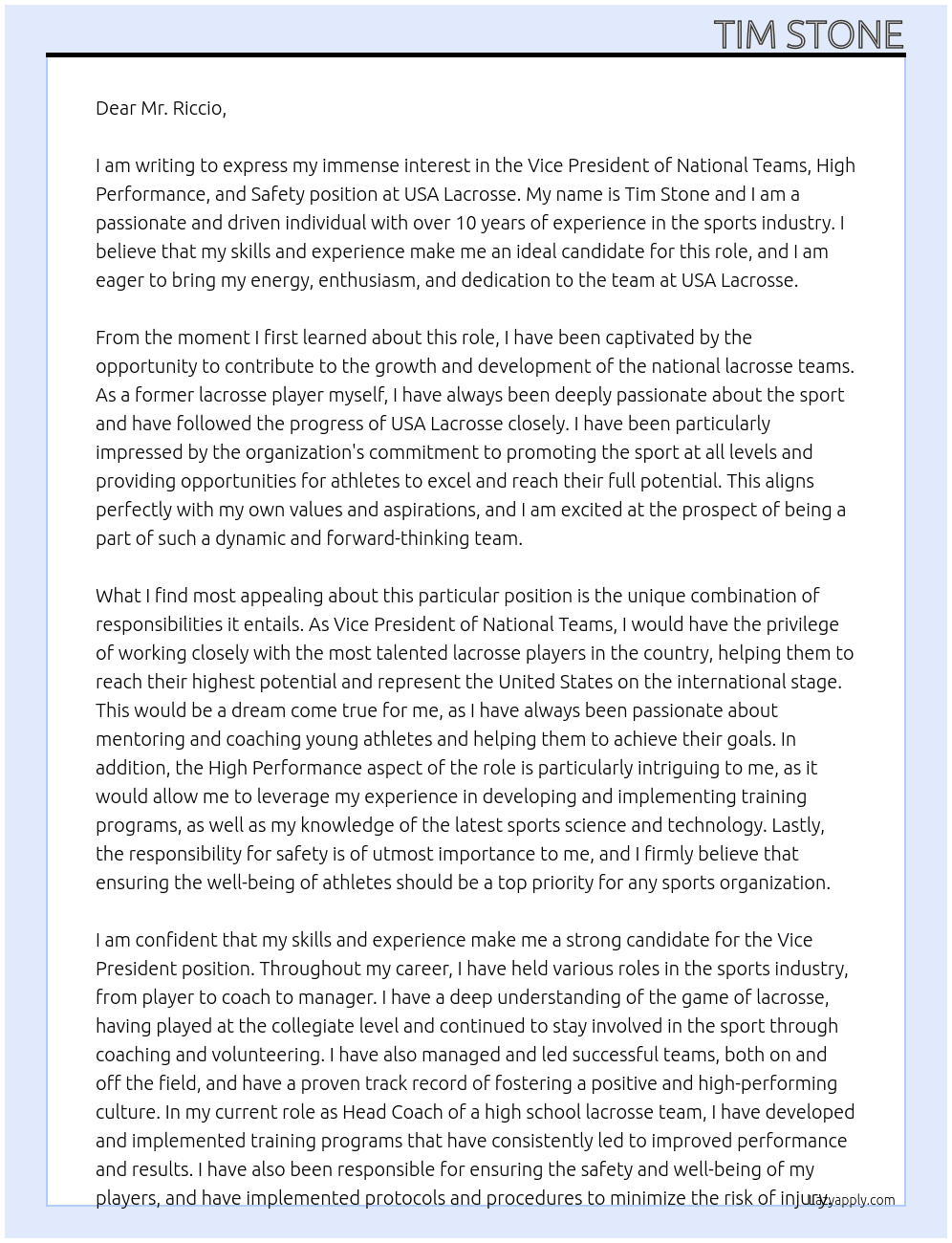 vice president of National Teams, High Performance, safety At USA Lacrosse Cover Letter