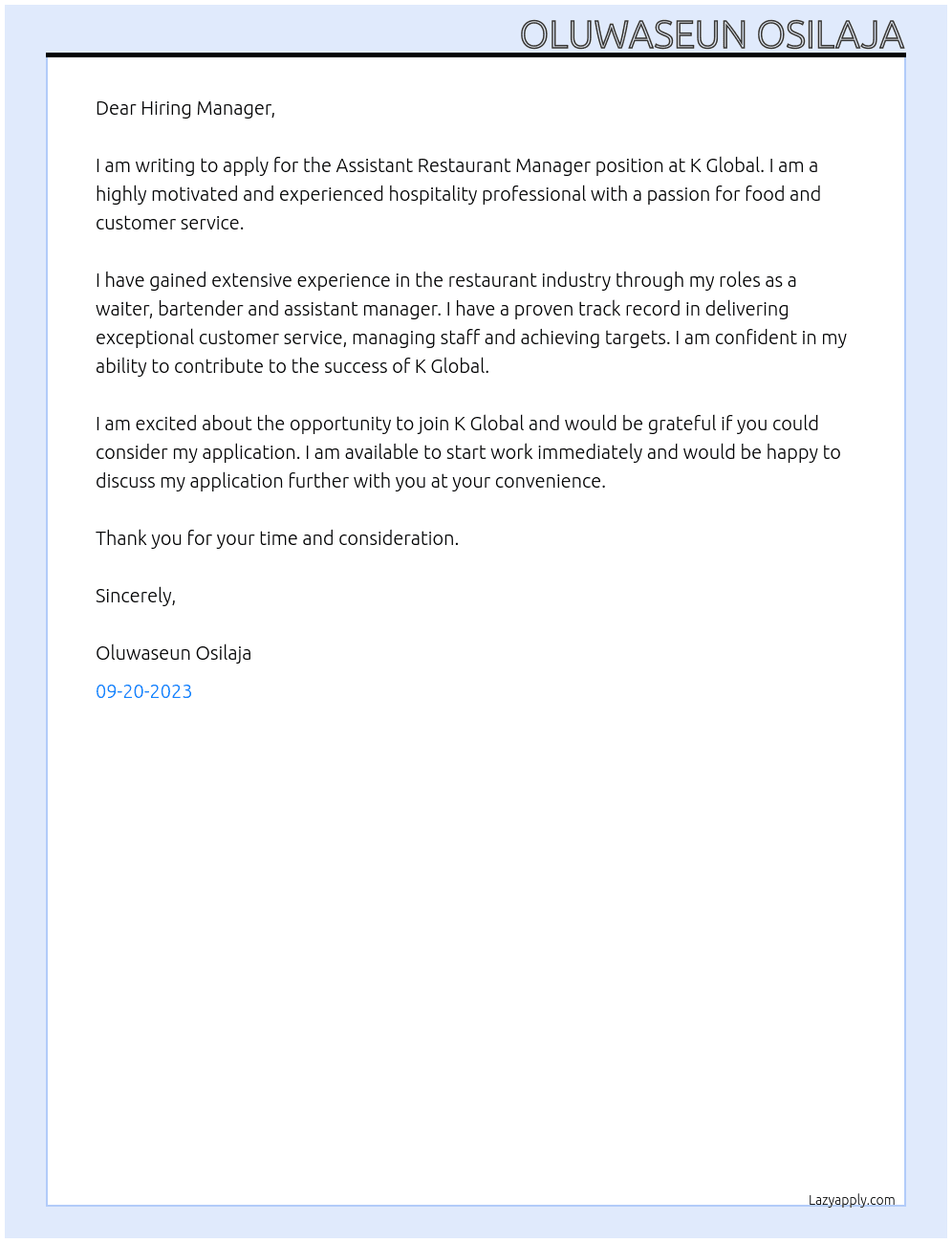 Assistant Restaurant Manager  At K global Cover Letter