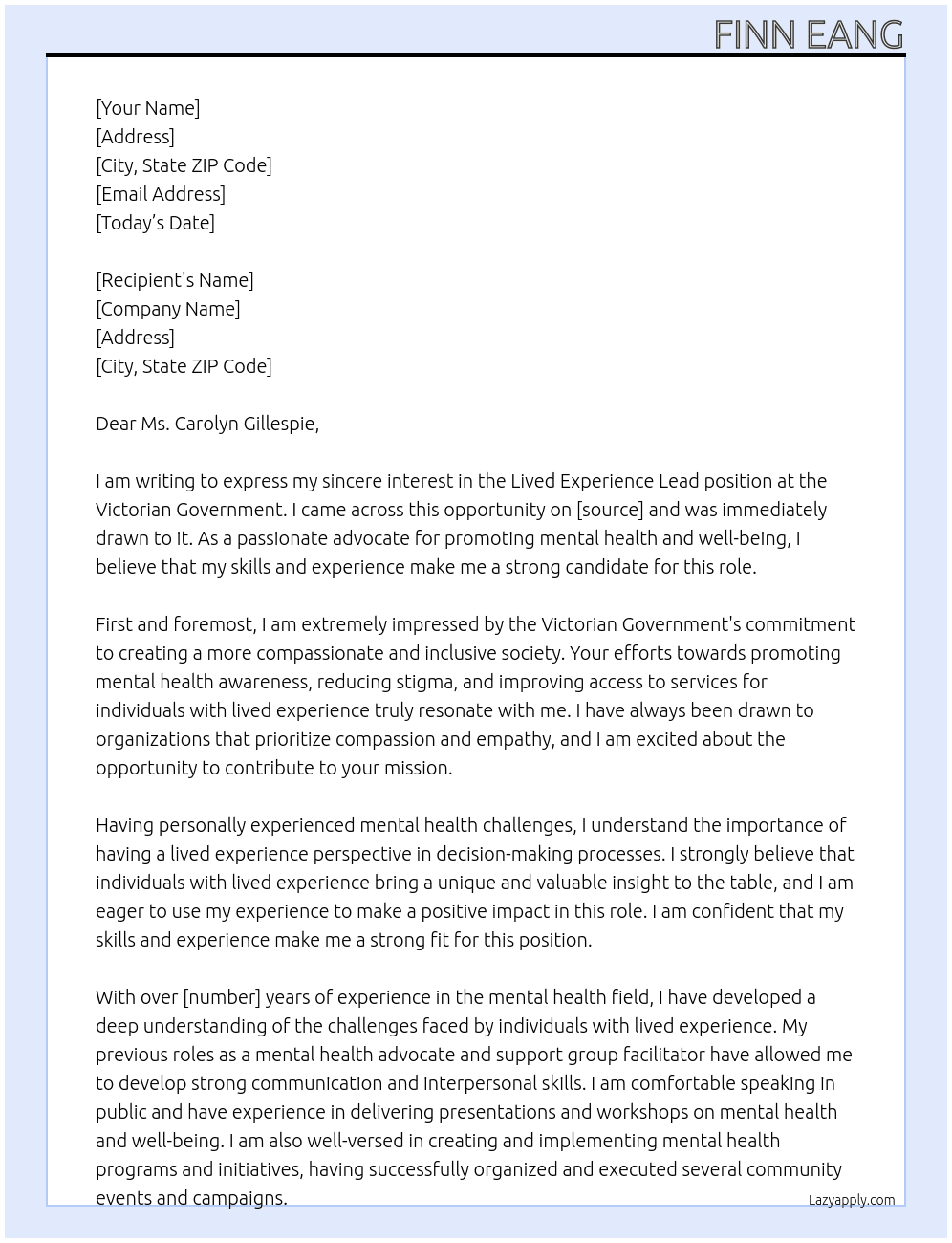 Lived Experience Lead At Victorian Government Cover Letter