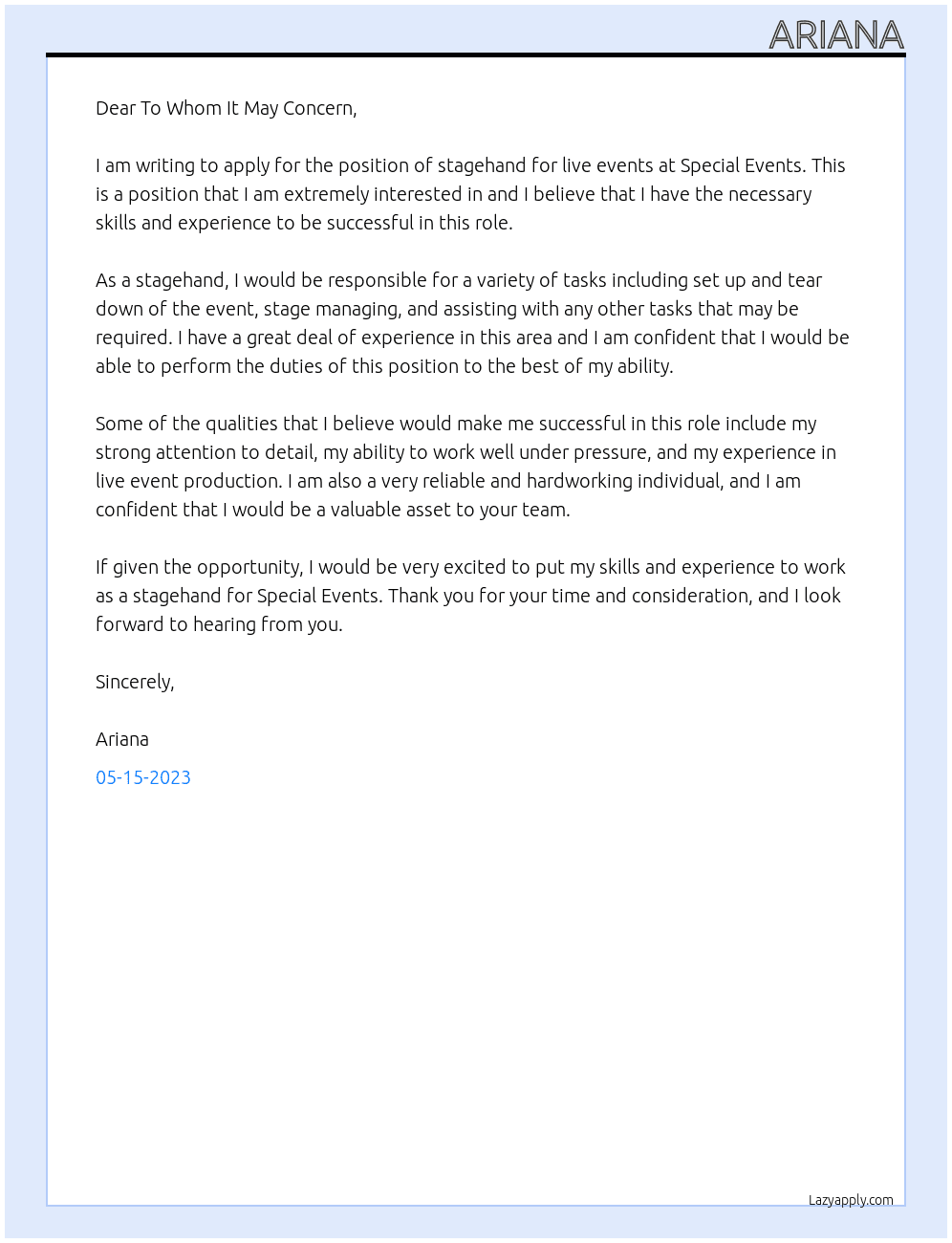 Stagehand for Live Events At Special Events Cover Letter