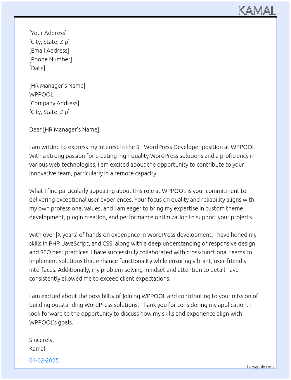 Sr WordPress Developer At WPPOOL Cover Letter