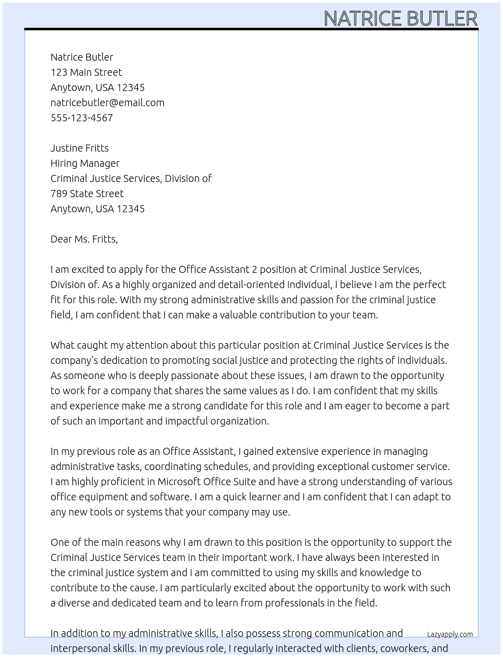 Office Assistant 2 At Criminal Justice Services, Division of Cover Letter