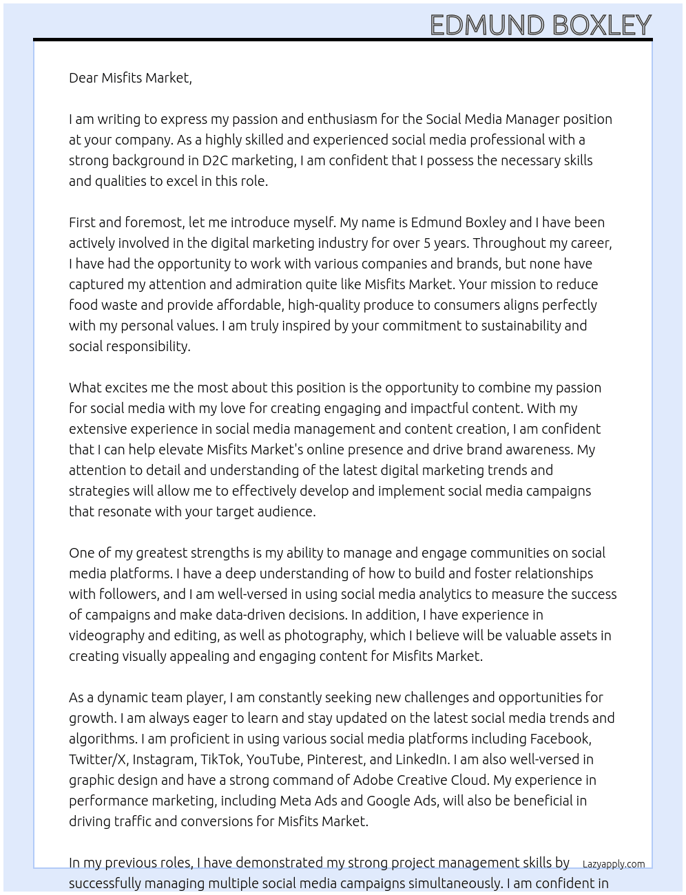 Social Media Manager At Misfits Market Cover Letter