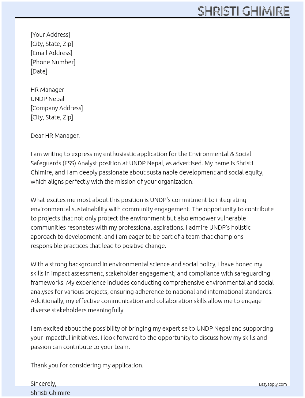 Environmental & Social Safeguards (ESS) Analyst At UNDP Nepal Cover Letter