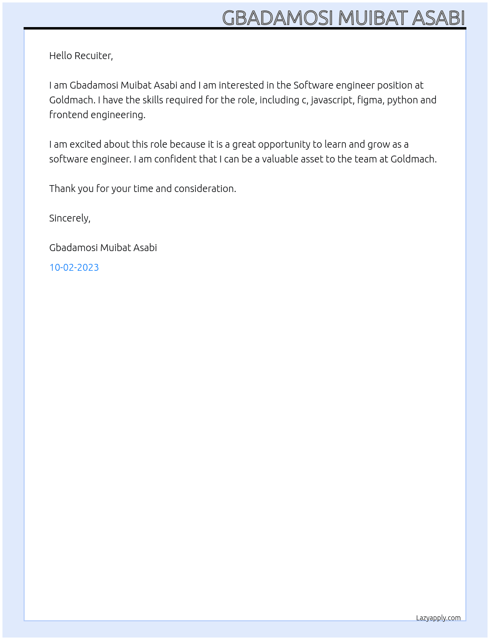 Software engineer At Goldmach Cover Letter