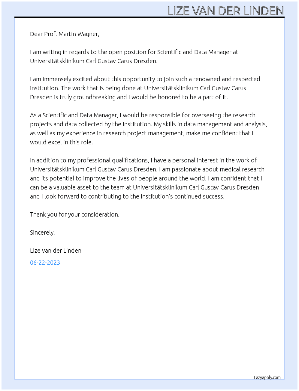 Scientific and Data Manager At Universitätsklinikum Carl Gustav Carus Dresden Cover Letter