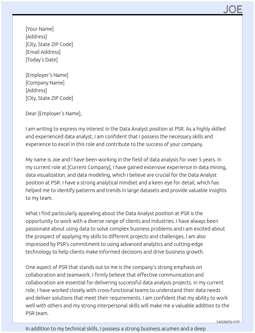 data analyst At PSR Cover Letter