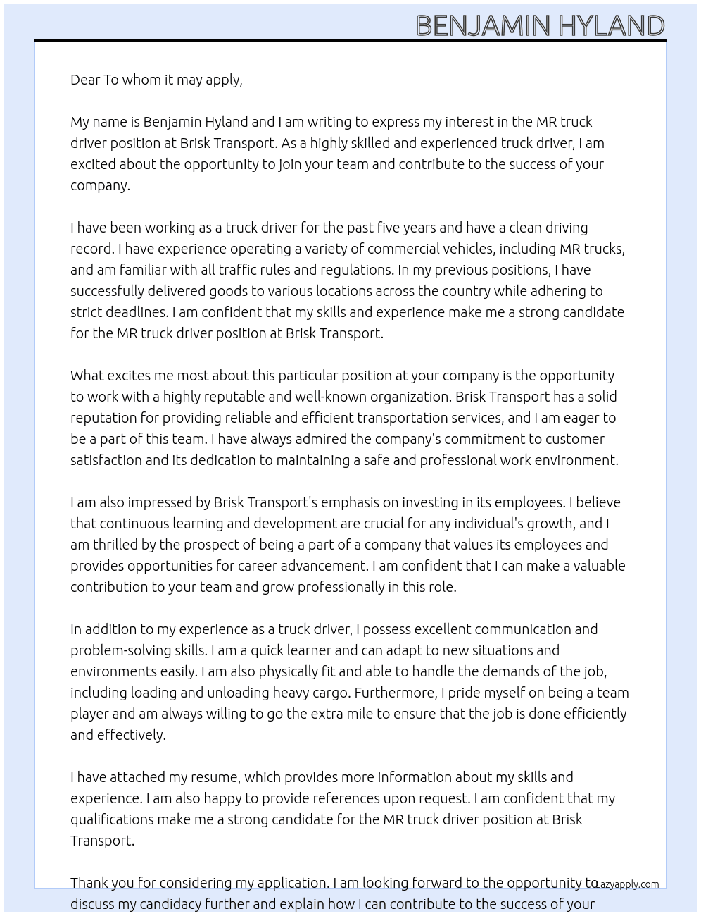 MR truck driver At Brisk Transport  Cover Letter